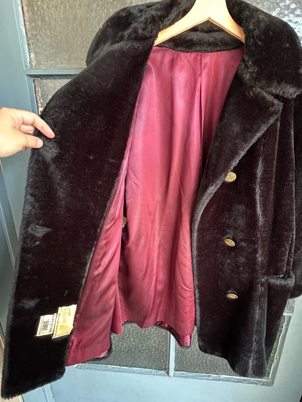 Vintage 1960-1970 Susan Lynn Faux Fur Coat Brown Gold Buttons Belt Size 16